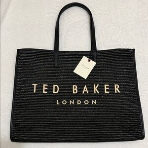 Ted Baker Black Straw Tote with Gold Lettering